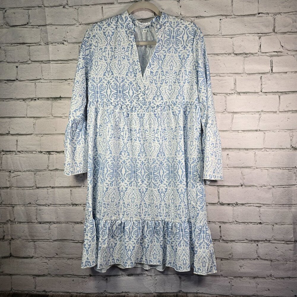 WOMENS BOHO BELL SLEEVE BLUE AND WHITE ALL OVER PRINT VNECK SILKY DRESS SIZE MED